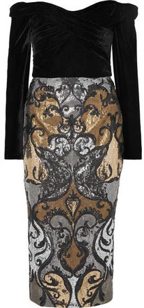 Off-the-shoulder Velvet And Sequined Tulle Dress - Black