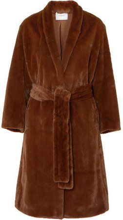 Belted Faux Fur Coat - Brown