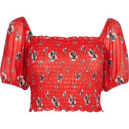 Red floral mesh top | River Island