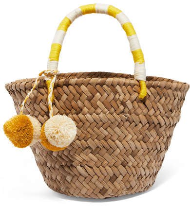 St Tropez Mini Pompom-embellished Embroidered Woven Straw Tote - Yellow