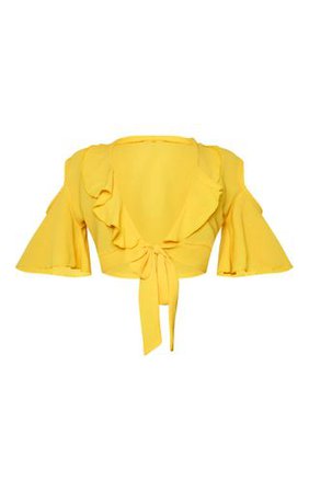 Yellow Chiffon Frill Detail Tie Front Crop Blouse | PrettyLittleThing