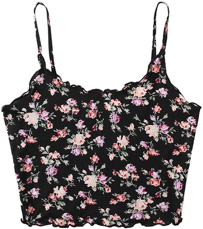 Verdusa Women's Contrast Lace Spaghetti Strap Ribbed Knit Crop Cami Top Floral Black S at Amazon Women’s Clothing store