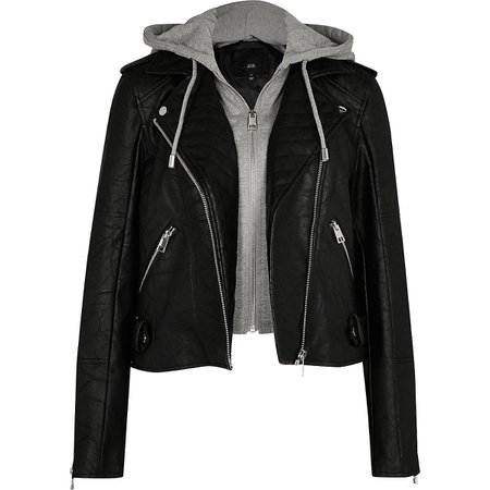 Black faux leather hoodie biker jacket | River Island
