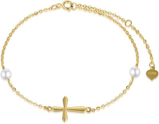 Amazon.com: 14k Gold Cross Bracelet for Women, Real Pearl Religious Bracelet, Confirmation Gifts for Her, 6.3"+1"+1": Clothing, Shoes & Jewelry