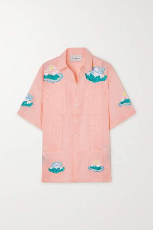 Casablanca - Embroidered Pintucked Cotton-voile Shirt - Pastel orange
