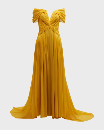 PAMELLA ROLAND Twisted Off-The-Shoulder Pleated Chiffon Gown