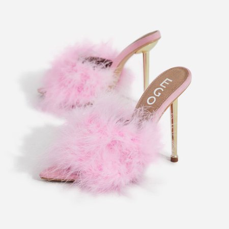 Risky Faux Feather Pointed Toe Heel Mule In Pink Faux Suede | EGO
