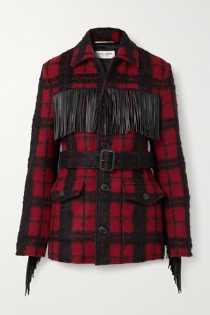 Red Belted fringed leather-trimmed checked wool-blend jacket | SAINT LAURENT | NET-A-PORTER