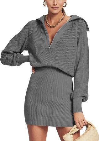 Women Sweater Dress Slim Fit Half Zip Long Sleeve Mini Sweater Dresses Fall Winter Stand Collared Bodycon Dress Grey at Amazon Women’s Clothing store