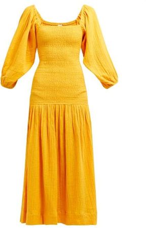 Harper Shirred Cotton Gauze Midi Dress - Womens - Yellow