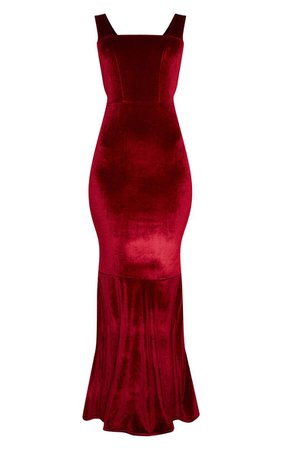 Burgundy Velvet Square Neck Fishtail Maxi Dress | PrettyLittleThing