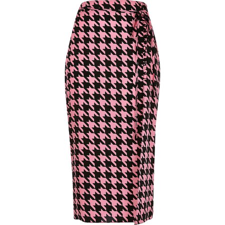 Pink dogtooth check midi skirt | River Island
