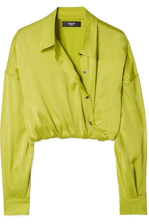 Yellow Wrap-effect cropped silk-charmeuse shirt | AMIRI | NET-A-PORTER