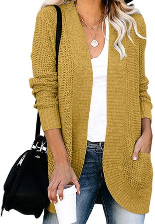 MEROKEETY Womens Long Sleeve Open Front Cardigans Chunky Knit Draped Sweaters Outwear with Pockets Mustard S. at Amazon Women’s Clothing store