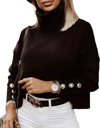 Women Knitted Turtleneck Sweater Top Oversize Korean Pullover Female Button Sweaters Tops at Amazon Women’s Clothing store