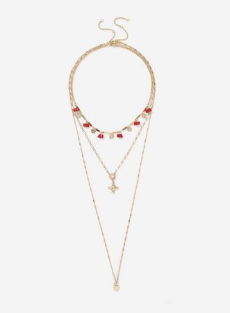 Gold Look Red Chipping 3 Row Necklace | Miss Selfridge
