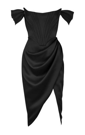 Clothing : Bodycon Dresses : 'Loretta' Black Satin Off Shoulder Dress