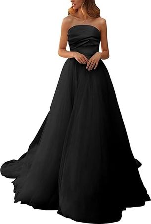 Strapless Tulle Wedding Gown with Train Backless Satin Wedding Dresses for Bride Long Prom Dresses at Amazon Women’s Clothing store