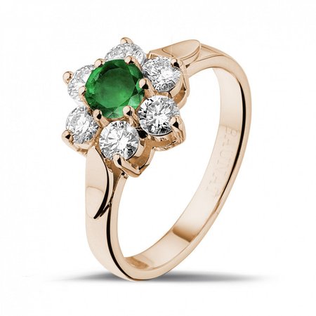 Flower ring in red gold with a round emerald and side diamonds - BAUNAT
