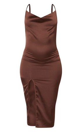 Chocolate Brown Strappy Satin Cowl Midi Dress | PrettyLittleThing