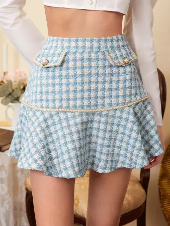 SHEIN Pearl Detail Ruffle Hem Wool-Mix Fabric Skirt | SHEIN USA