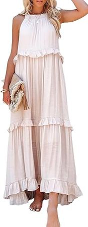 loveimgs Women's Summer Sleeveless Halter Neck Tiered Dress Flowy Ruffle Long Beach Maxi Dress Sundress at Amazon Women’s Clothing store