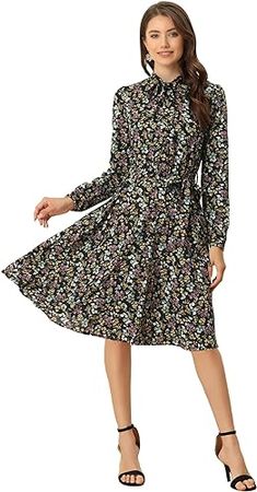 Allegra K Women's Tie Neck Dresses Spring Chiffon Long Sleeves Belted Vintage Floral Dress at Amazon Women’s Clothing store