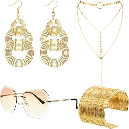 Amazon.com: 70s Disco Set Rimless Diamond Cutting Sunglasses Wire Metal Coil Bracelets Layered Choker Necklace Triple Swirl Disco Earrings (Gold): Clothing, Shoes & Jewelry