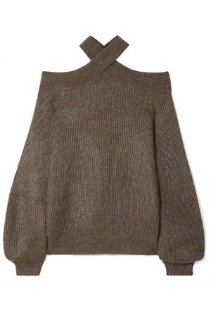 Brunello Cucinelli | Cold-shoulder metallic ribbed-knit sweater | NET-A-PORTER.COM