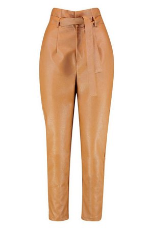 Leather Look Paperbag High Waist Trousers | Boohoo UK