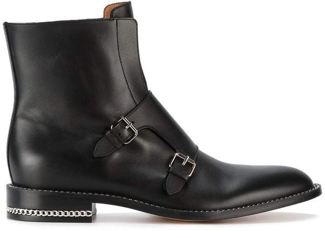 Black monk strap leather ankle boots