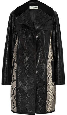 Shearling-trimmed Snake And Croc-effect Leather Coat - Black