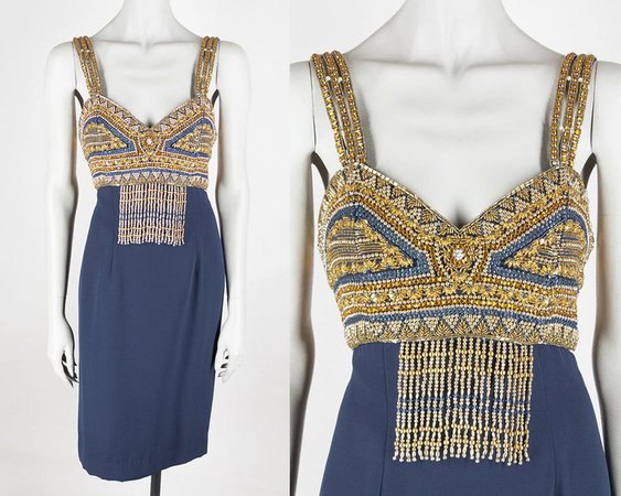 Vintage 90s Dress / 1990s Blue and Gold Egyptian Inspired | Etsy