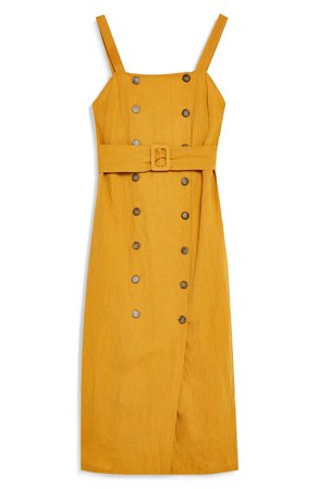 Topshop Belted Pinafore Midi Dress mustard