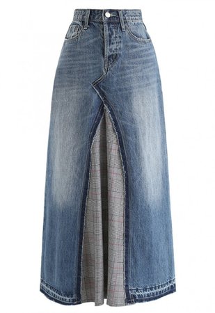 Plaid Splicing High Waist Denim Maxi Skirt - Skirt - BOTTOMS - Retro, Indie and Unique Fashion