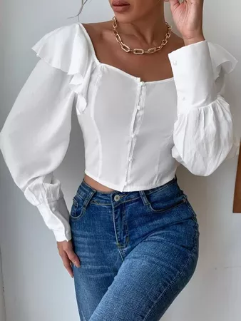 Solid Ruffle Trim Button Front Blouse | SHEIN USA
