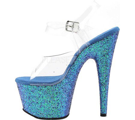 Womens Pleaser Adore 708LG Platform Sandal - Clear PVC/Black Holographic Glitter - FREE Shipping & Exchanges