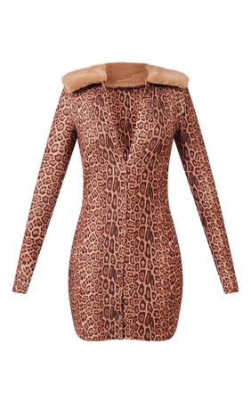 Brown Leopard Print Faux Fur Trim Button Down Bodycon Dress | PrettyLittleThing USA