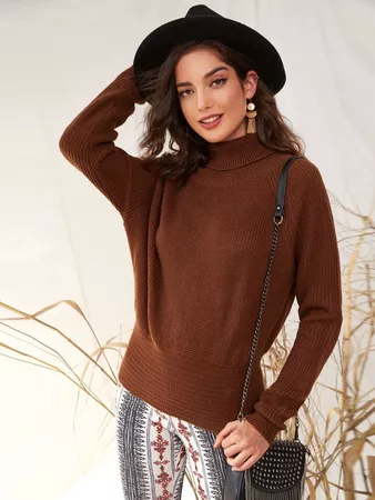 Turtleneck Raglan Sleeve Ribbed Sweater | SHEIN USA