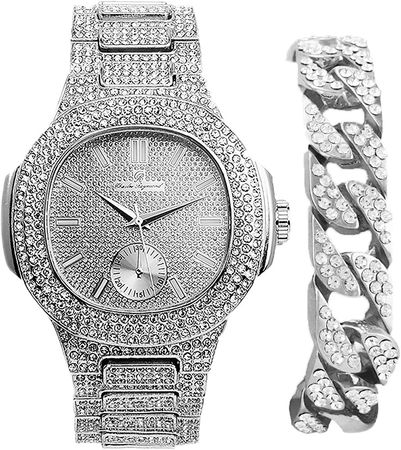 Amazon.com: Charles Raymond Bling-ed Out Cuban Bracelet with Oblong Silver Iced Look Hip Hop Watch - 8475BC Cuban Silver : Charles Raymond: Clothing, Shoes & Jewelry