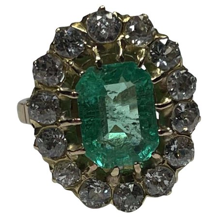 Antique Colombian Emerald and Old European Cut Diamond Halo Ring