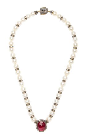 Rajasthan 9k Yellow Gold Ruby, Pearl, Diamond Necklace By Amrapali | Moda Operandi