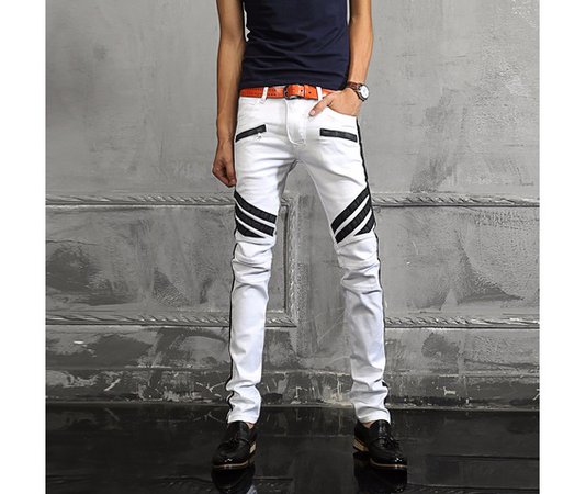 Fashion White Jeans Men Spliced Skinny Biker Jeans Mens | RebelsMarket