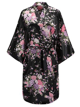 EPLAZA Women Floral Satin Robe Bridal Dressing Gown Wedding Bride Bridesmaid Kimono Sleepwear (Black) at Amazon Women’s Clothing store: