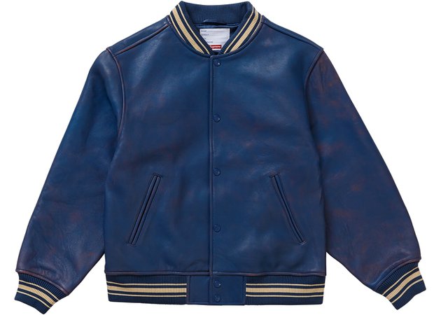 Supreme Worn Leather Varsity Jacket Blue - SS19 | ShopLook