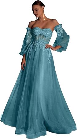 Amazon.com: Sevintage Emerald Green Long Lace Tulle Prom Dress with Sleeve Puffy Glitter Corset Ball Gown Off Shoulder Aline Pleated Applique Evening Gowns Formal Party Size 0: Clothing, Shoes & Jewelry