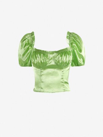 [30% OFF] 2022 Puff Sleeve Silky Bustier Ruched Milkmaid Blouse In GREEN | ZAFUL