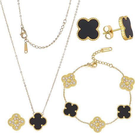Amazon.com: POLYREAL Lucky Clover Sets Bracelets Earring Necklace Pendant for Women Cute 18K Gold Plated Simple Fashion Jewelry Womens Gift (zircon-black): Clothing, Shoes & Jewelry