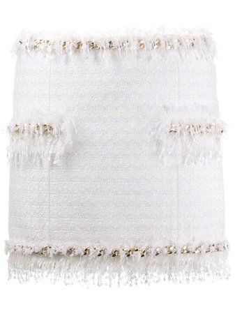Balmain Tweed Fringe-Trimmed Skirt Ss20
