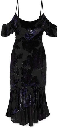 Cold-shoulder Embroidered Chiffon Dress - Black